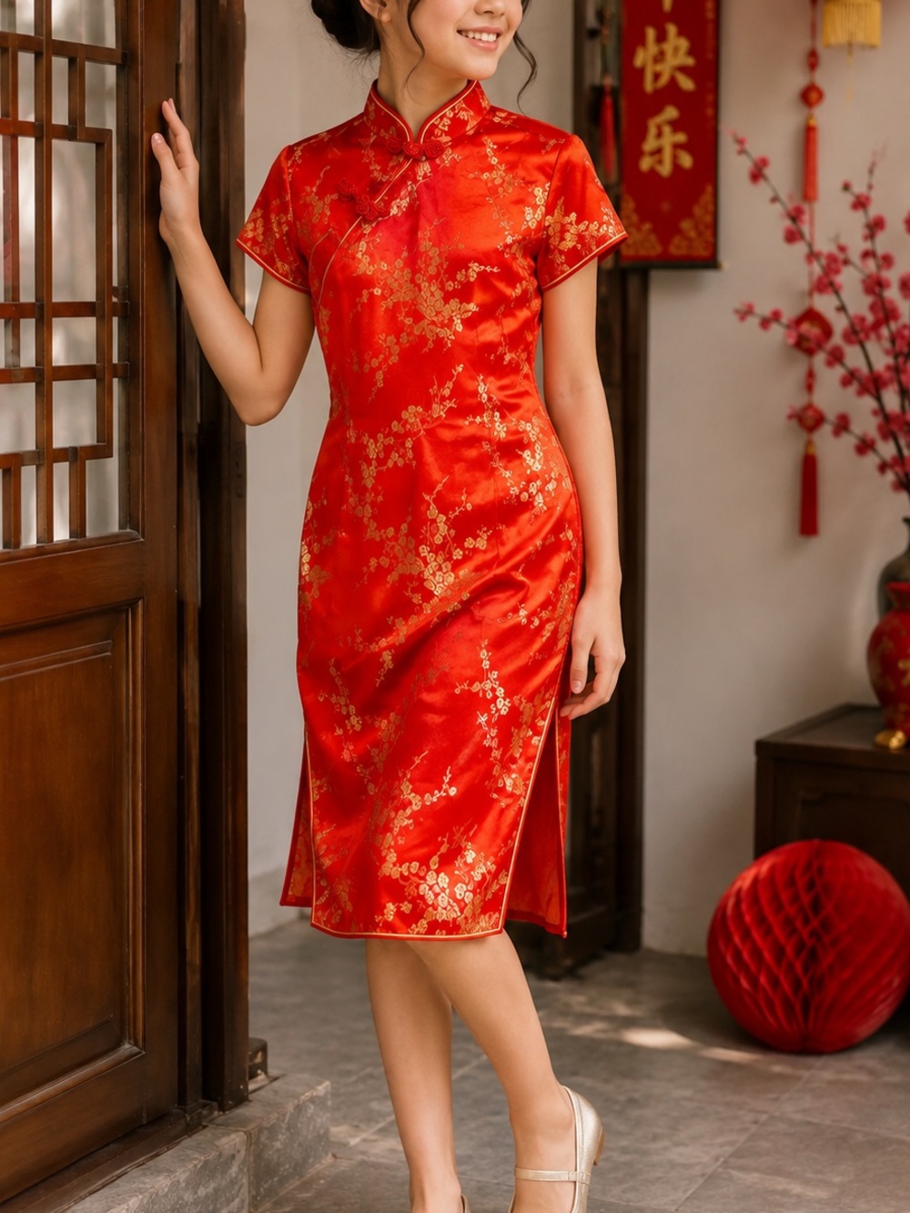Girls 14 Red Gold Qipao Cheongsam Dress Mandarin Collar Floral
